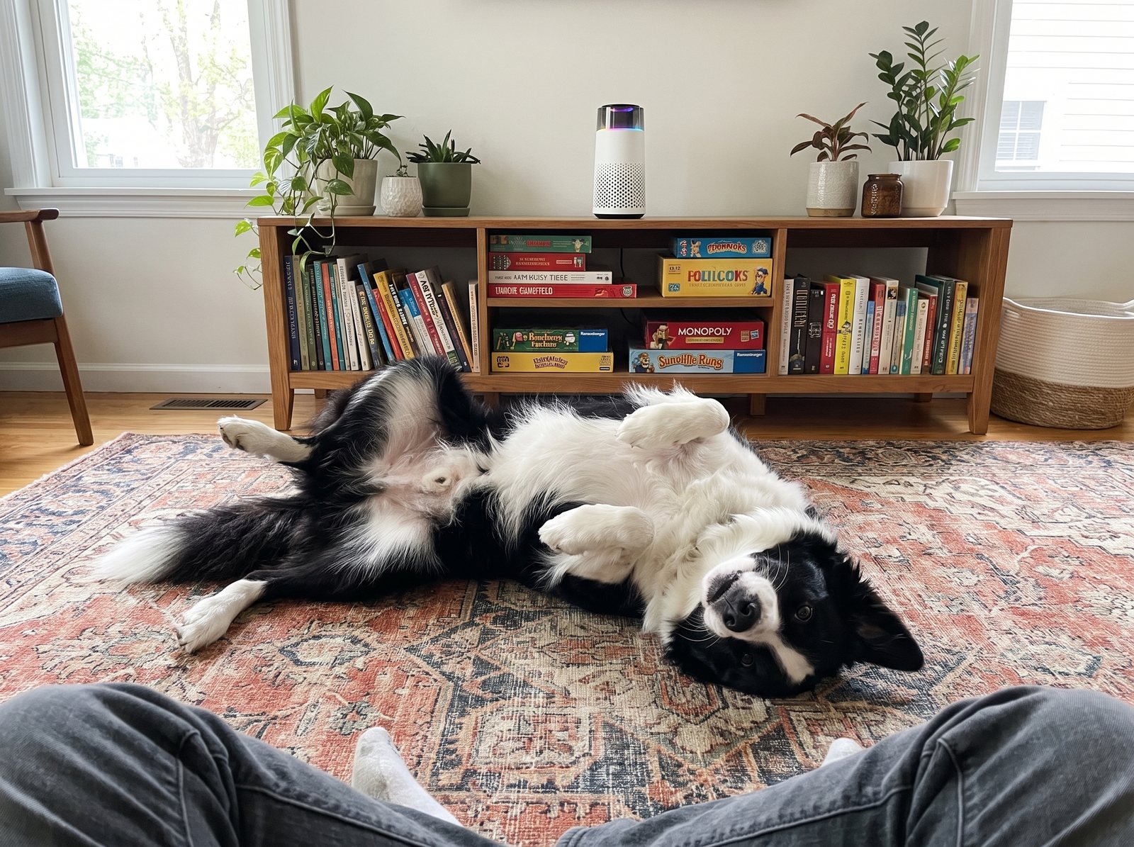 Looking out over a patterned rug where a border collie rolls on its back, with the Puppy Kind purifier on a low bookcase behind it.