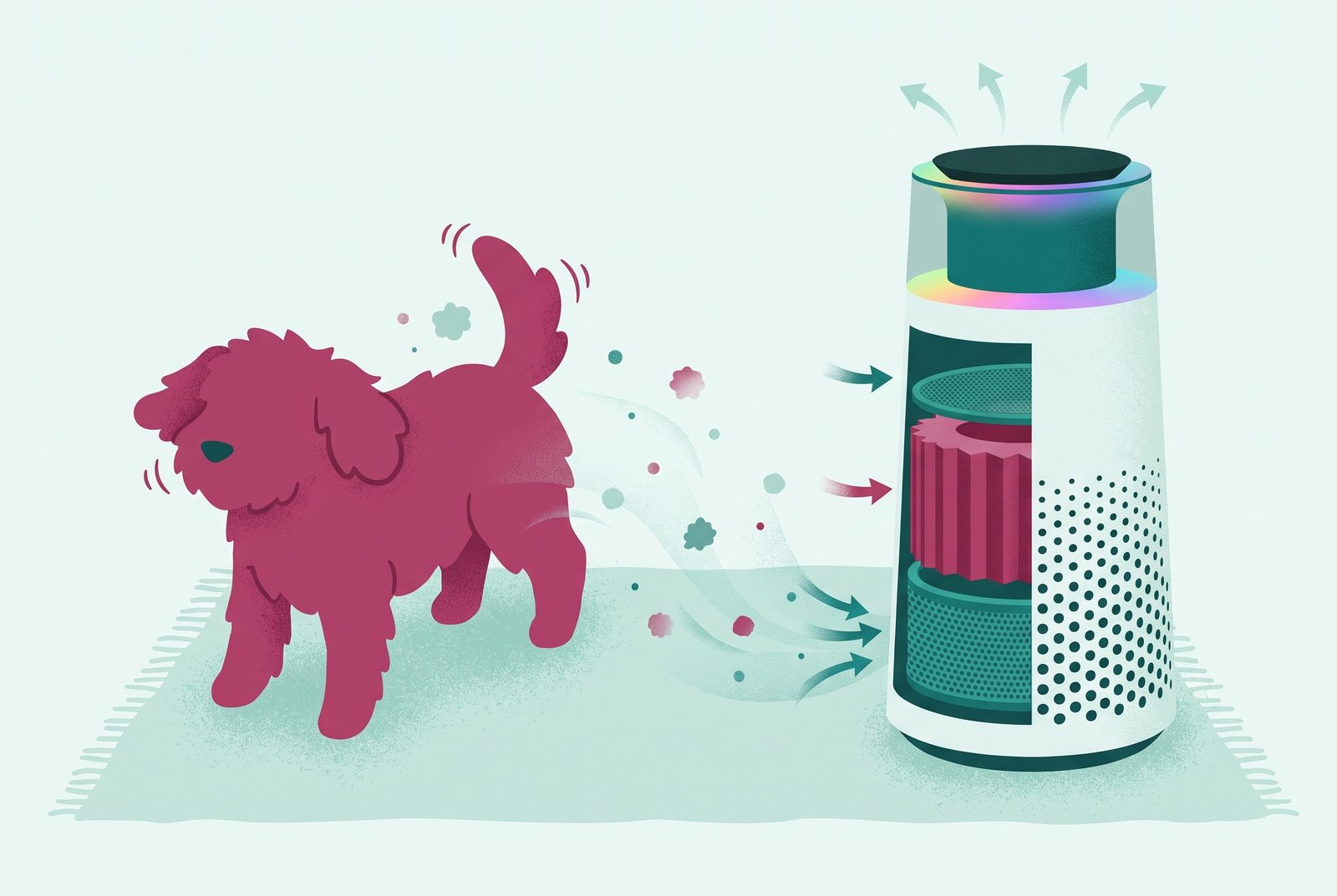 Flat mint and berry illustration of a dog shaking off while particles drift into a cutaway of the purifier's filter layers.