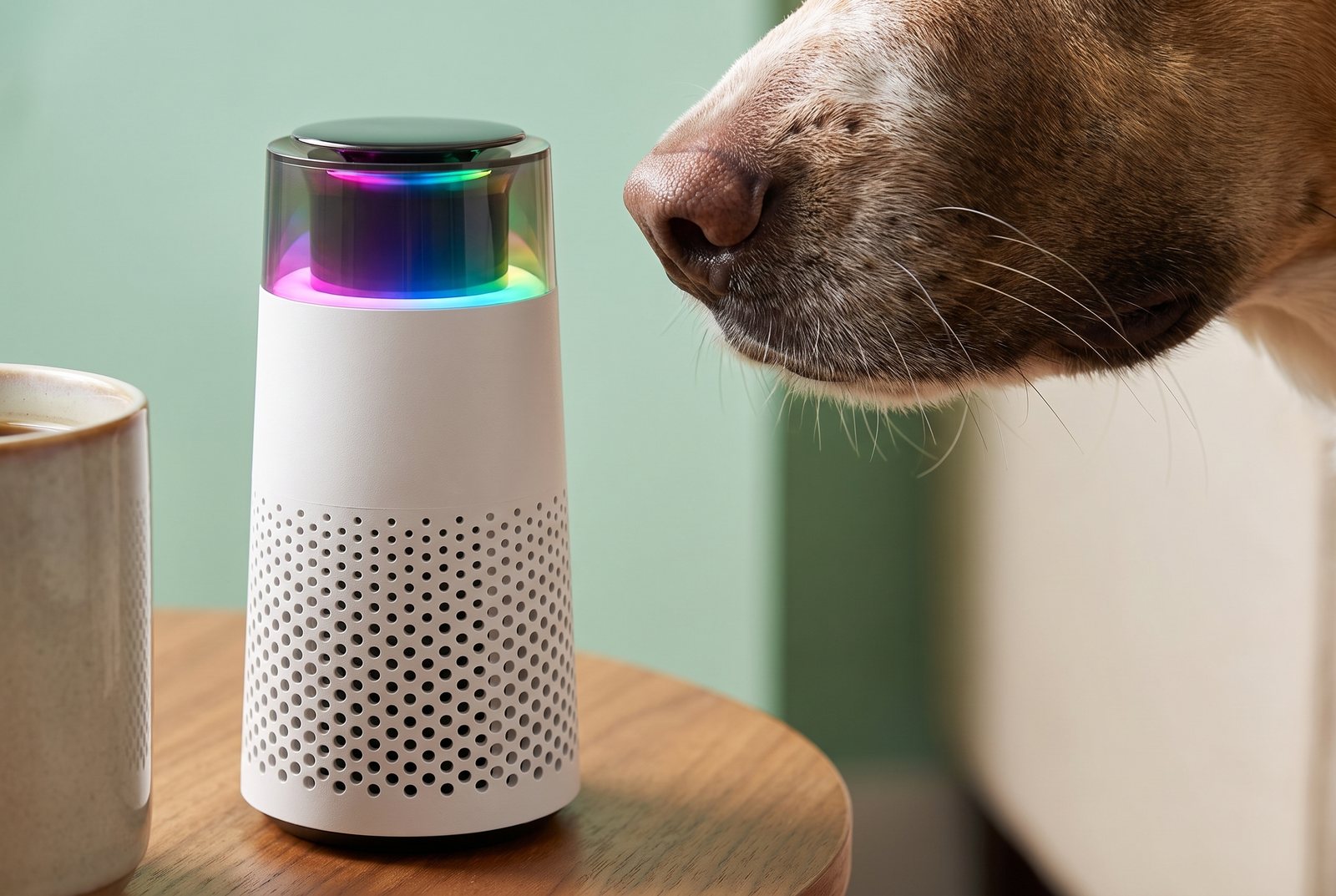 Close-up of the Puppy Kind purifier's perforated white body and glowing top with a curious dog's nose entering the frame.