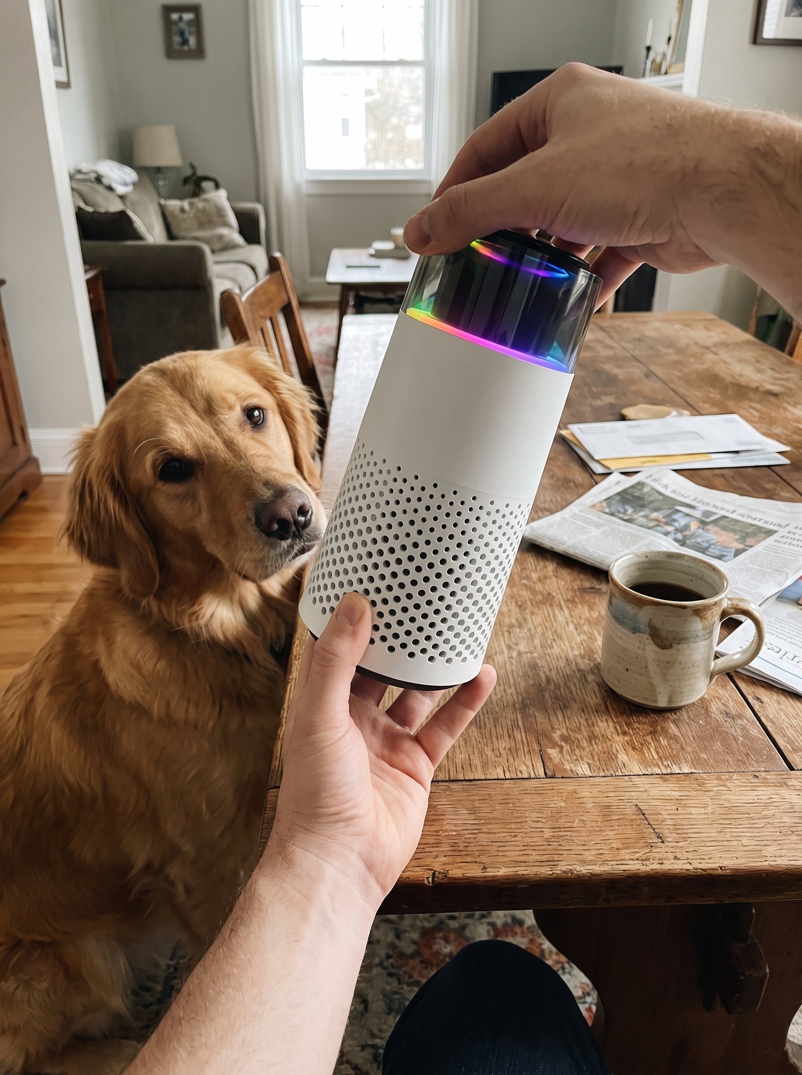 A hand holding the Puppy Kind purifier over a kitchen table on filter day while a golden retriever watches closely.