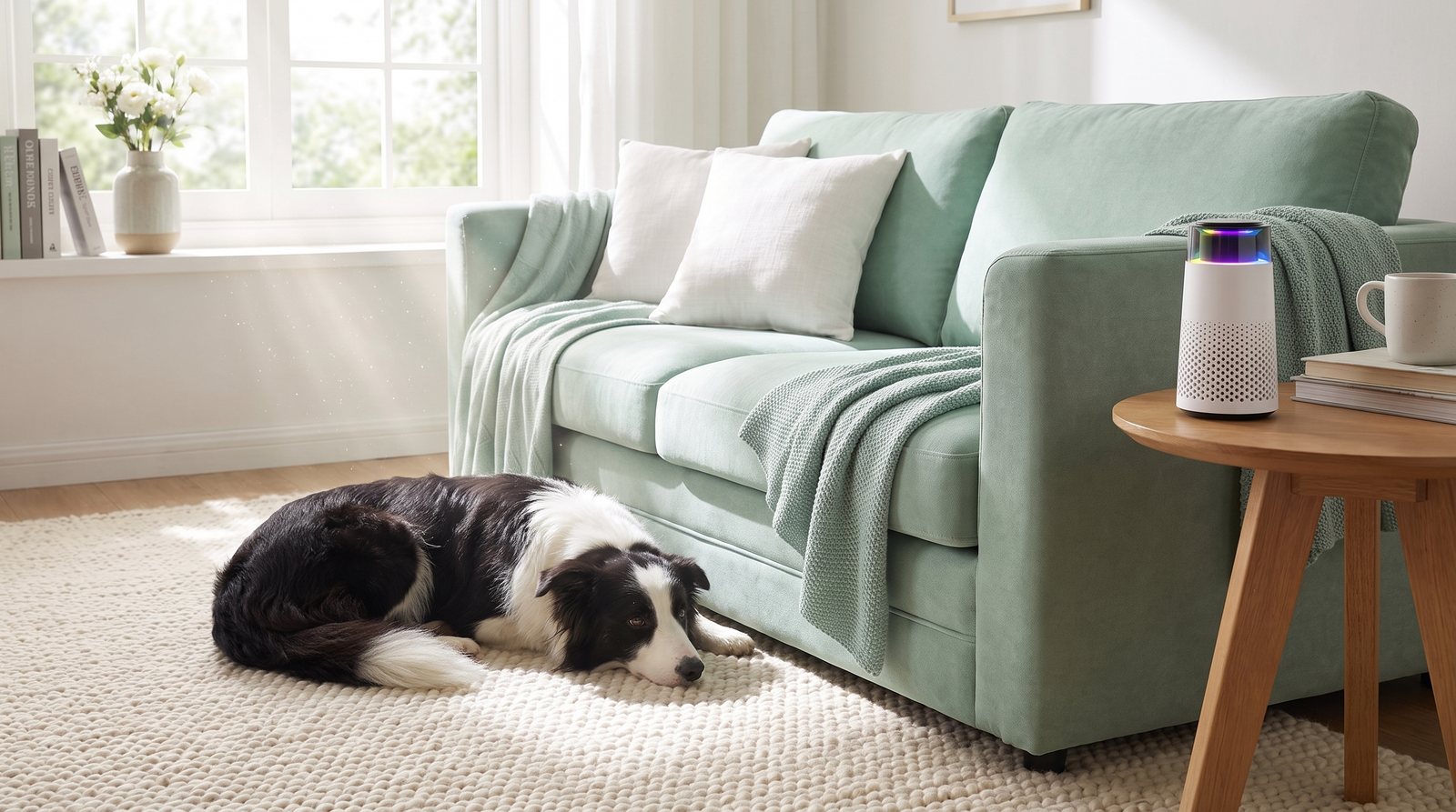 A border collie lying on a wool rug in a sunlit living room beside a mint sofa, with the Puppy Kind purifier on the side table next to it.