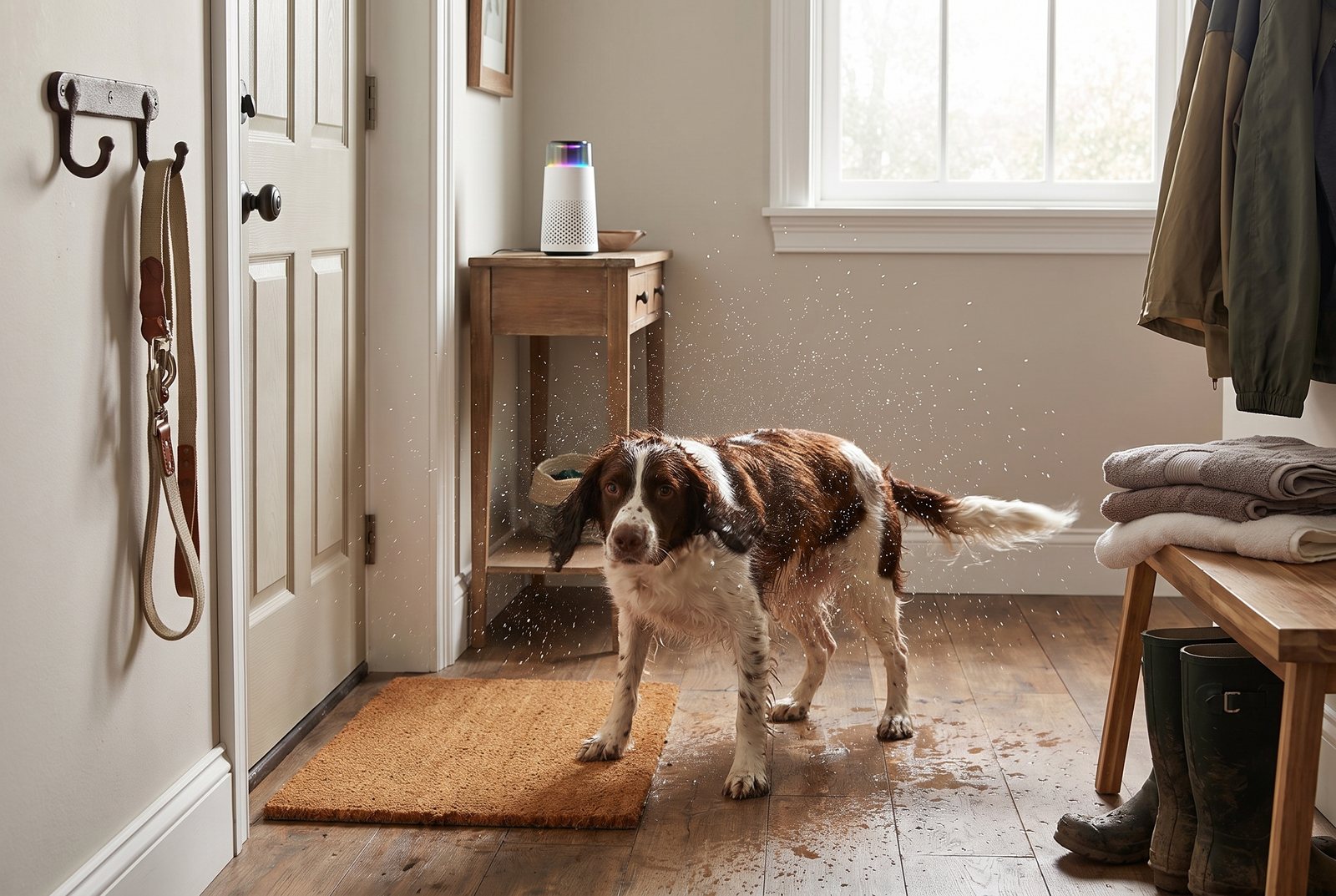 A damp spaniel shaking off on a doormat in an entryway with a leash on a hook and the Puppy Kind purifier on a slim console table.
