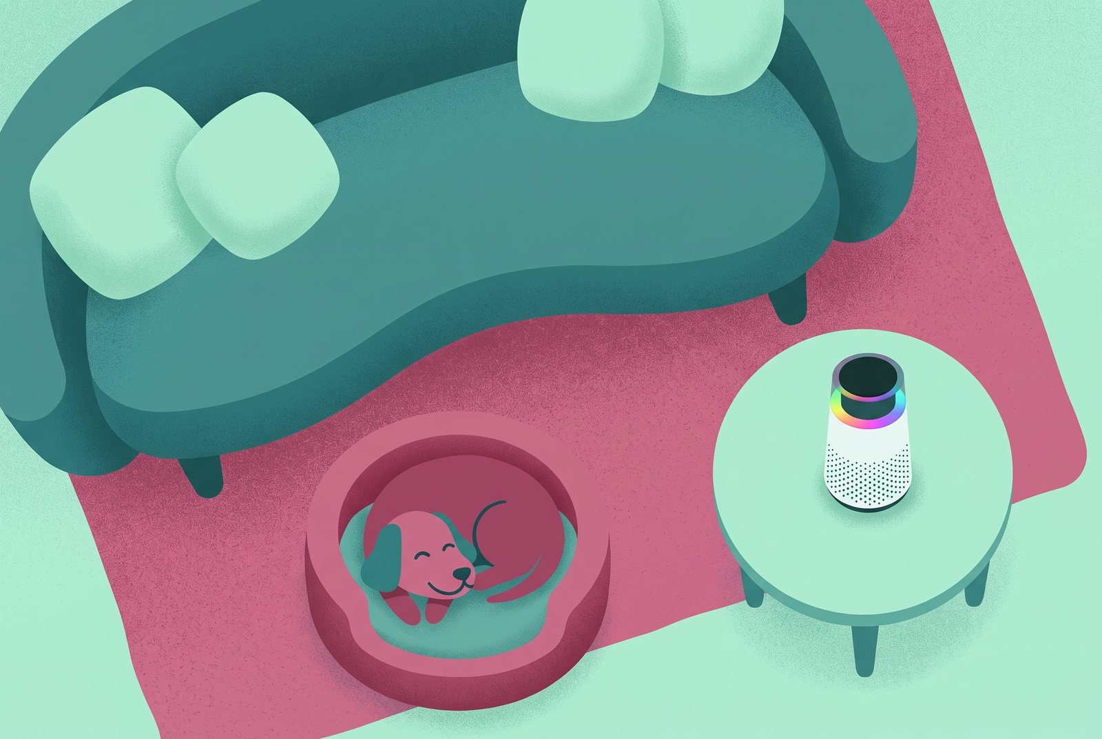 Flat illustration from above of a sofa, a dog in its bed and the purifier on a side table next to it.