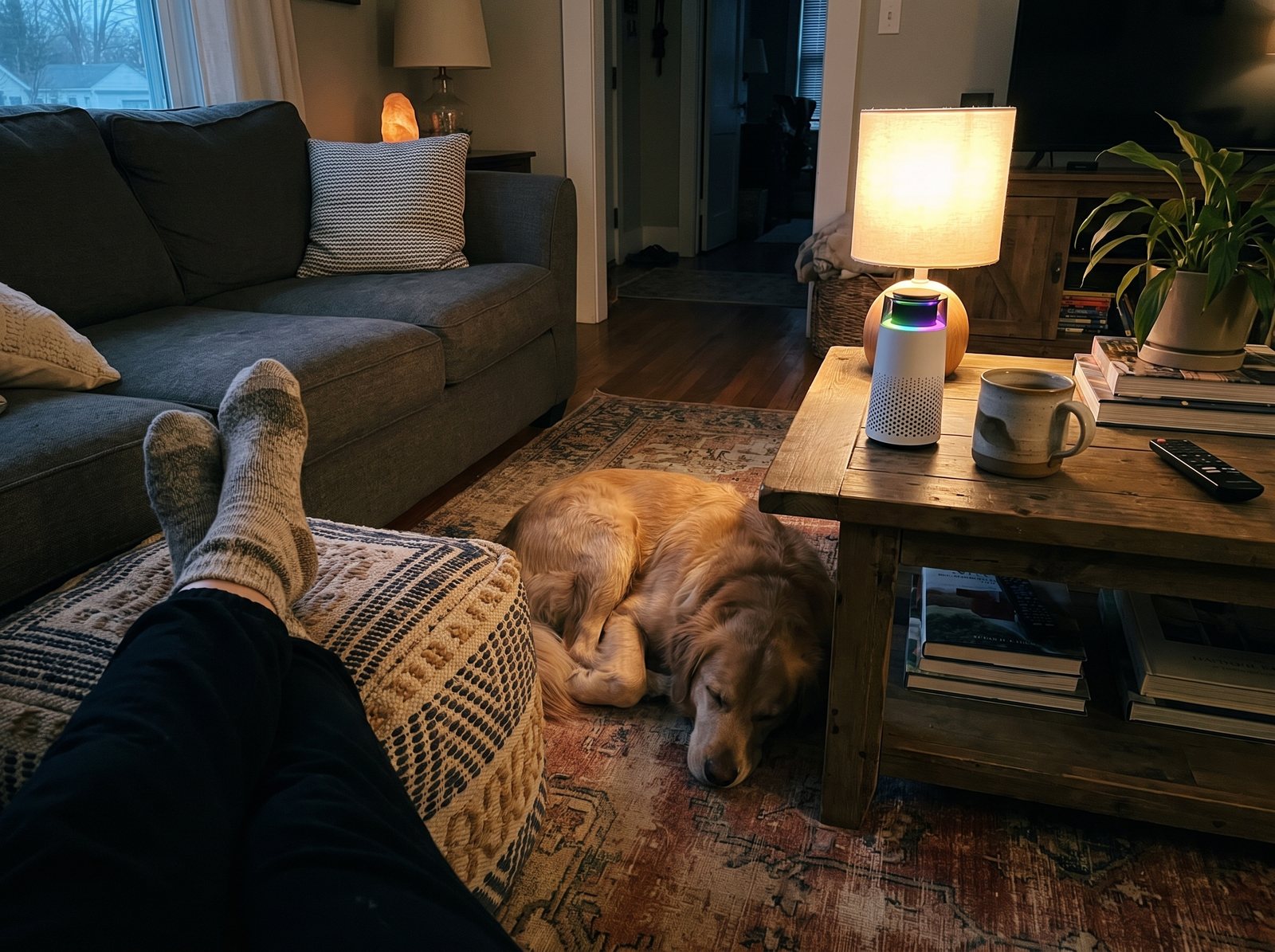 Socked feet on a pouf in the evening, a golden retriever asleep on the floor, and the Puppy Kind purifier glowing on the side table by a lamp.