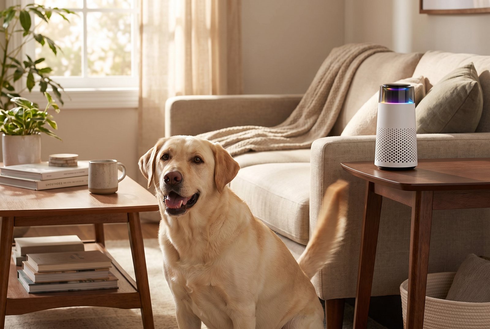 A happy labrador wagging its tail near a low coffee table while the Puppy Kind purifier sits safely on a taller side table.