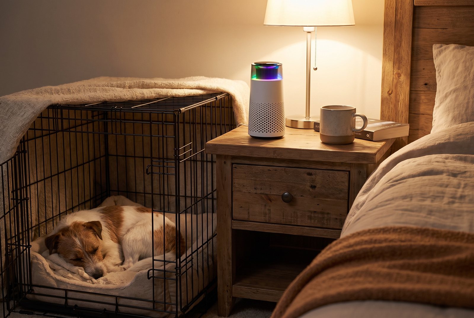 A small dog asleep in a crate beside a wooden nightstand holding the Puppy Kind purifier and a lamp.
