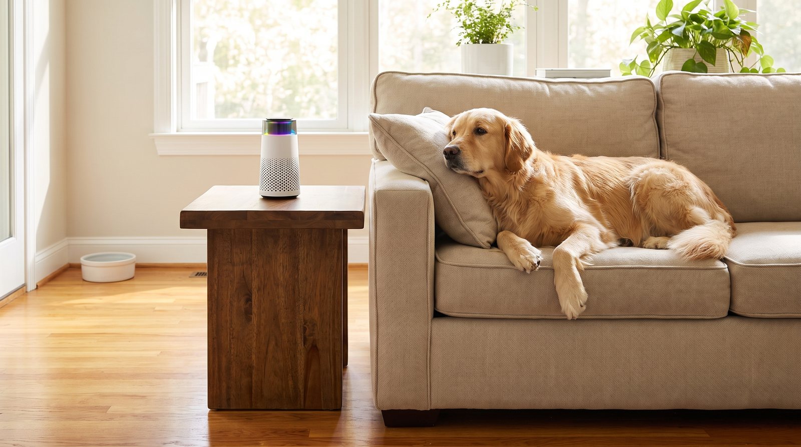 A golden retriever lounging on a sofa beside a sturdy side table where the Puppy Kind purifier sits, with the water bowl far across the room.