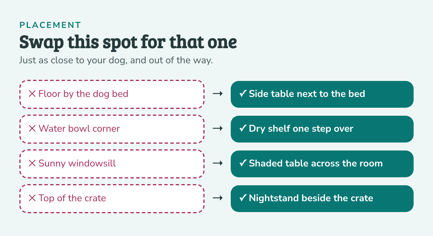 Infographic pairing four tempting spots with better nearby spots, such as floor by the dog bed swapped for a side table next to the bed.
