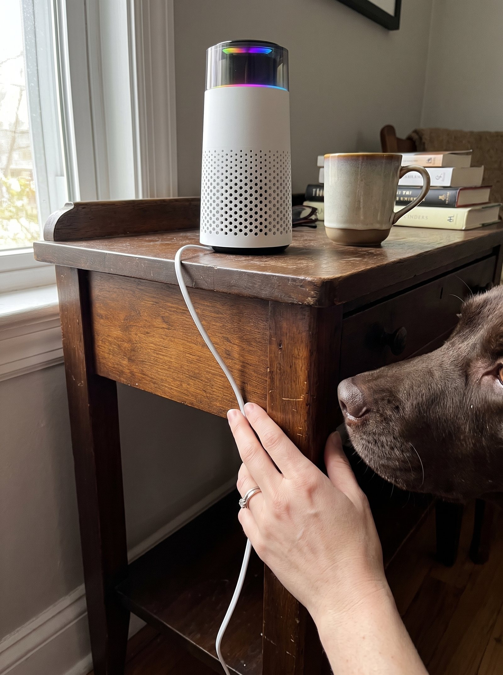 A hand tucking the purifier's thin white cable down the back of a wooden side table leg while a chocolate lab sniffs nearby.