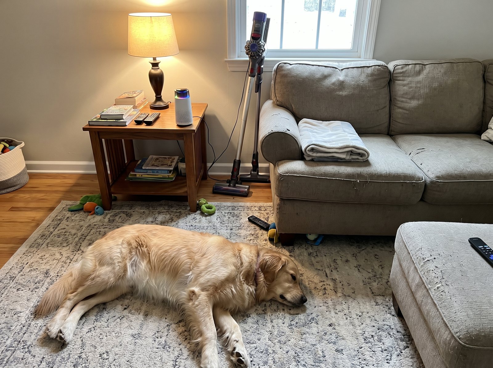 A family room with a vacuum by the couch, a folded washed dog blanket and the Puppy Kind purifier on the side table beside a golden retriever on the rug.
