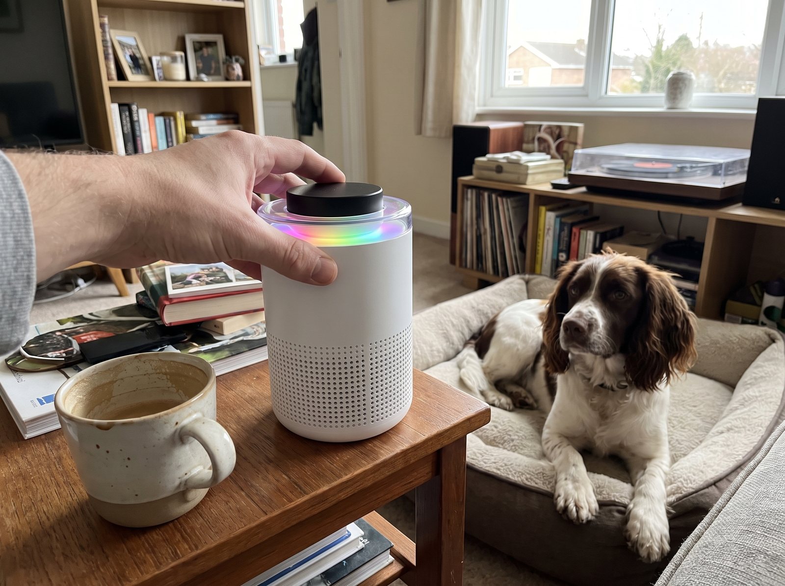 A hand setting the Puppy Kind purifier on a side table a foot from a dog bed, a spaniel watching, a mug beside it for scale.