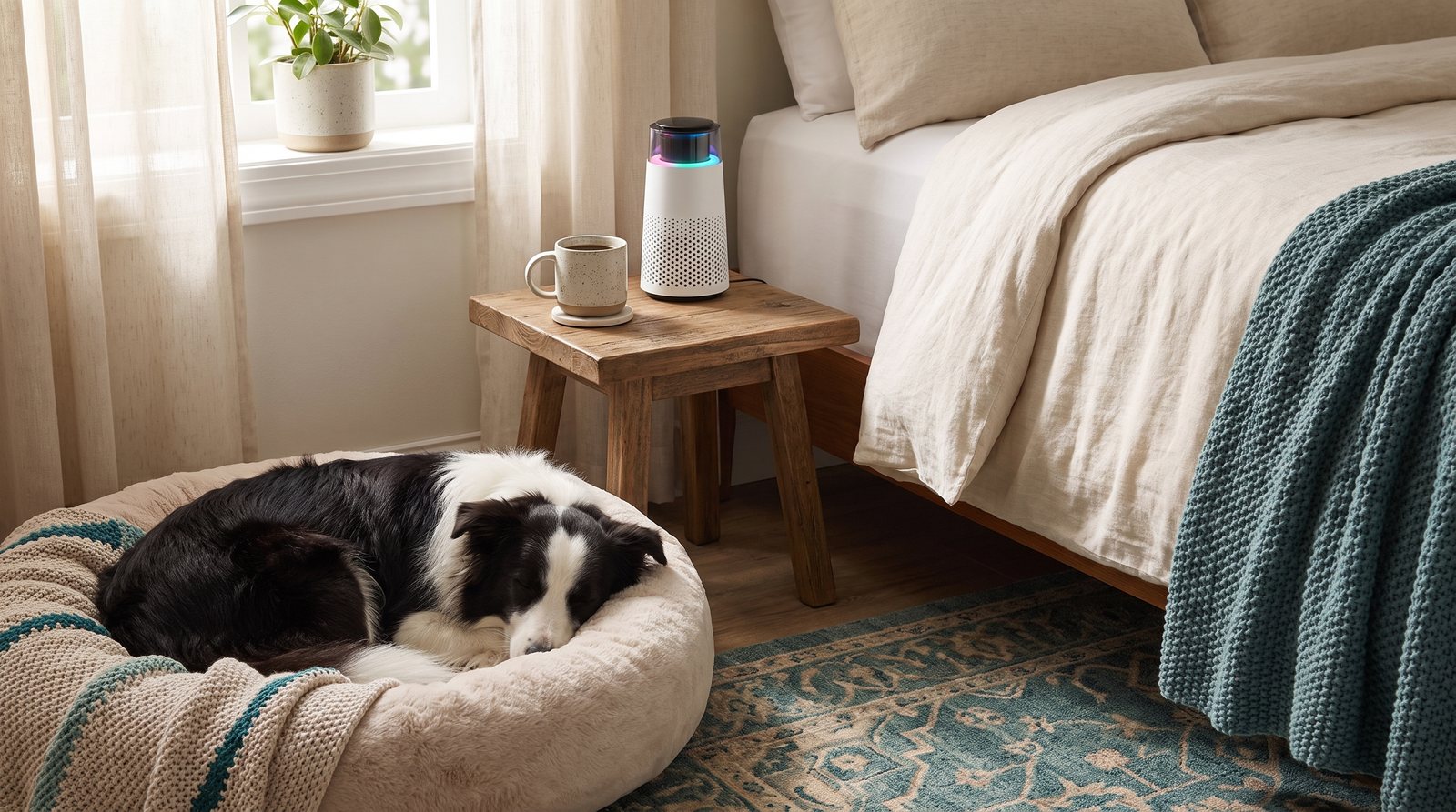The small Puppy Kind purifier on a side table beside a round dog bed with a sleeping border collie, a mug next to it for scale.